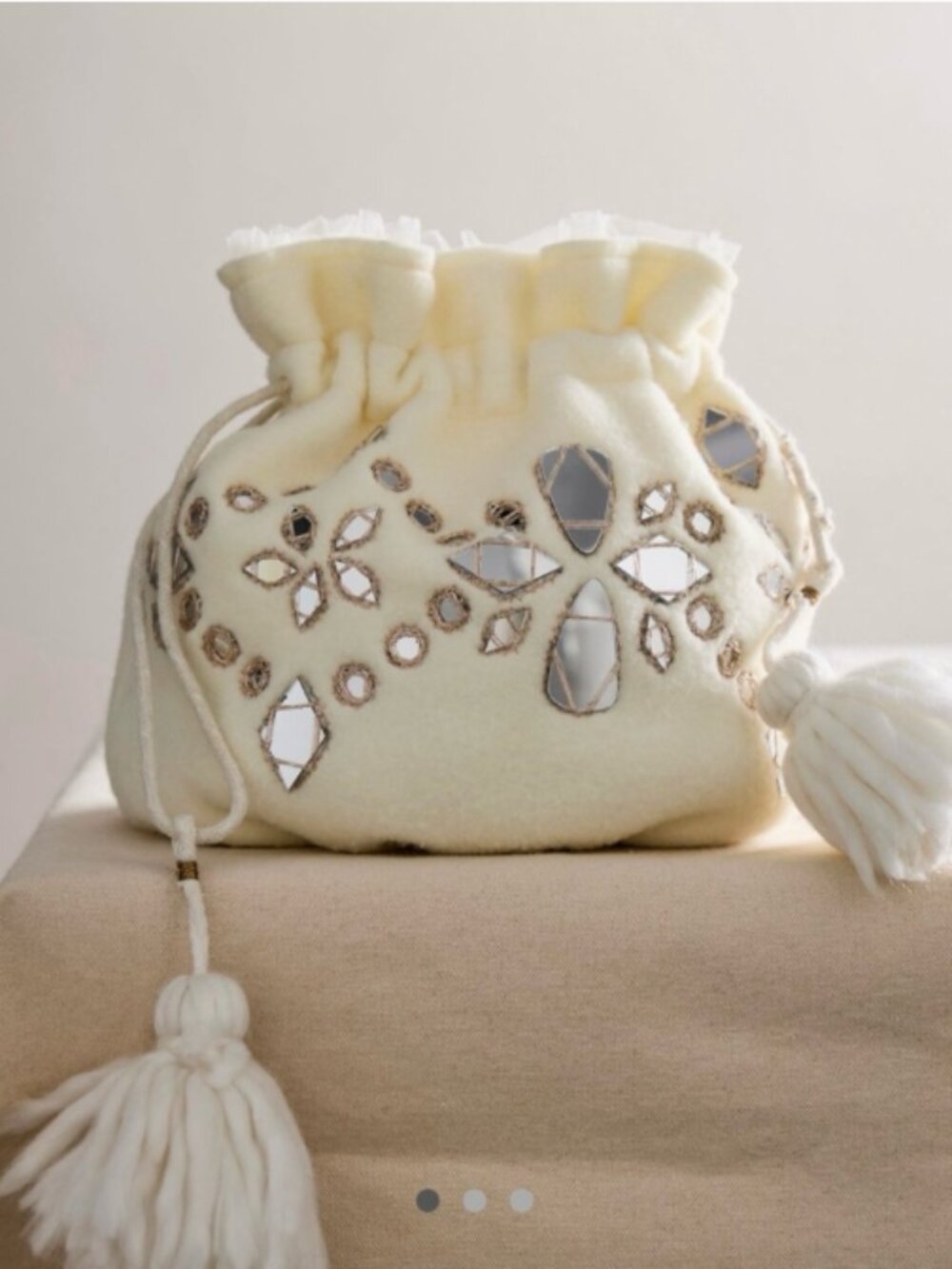 Free People Seasons Sparkle Mini Gift‎ Sack Ivory Beaded Mirror Tassel Bag - NEW